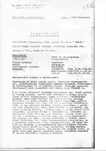 Részlet a Deportáltakat Gondozó Országos Bizottság által felvett jegyzőkönyvekből (Forrás: DEGOB-jegyzőkönyvek: 1587, MZSL)
